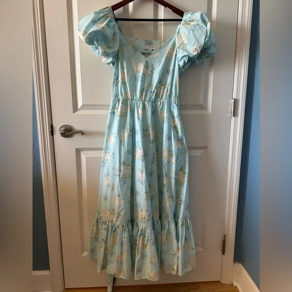 LoveShackFancy Floral Puff Sleeve Cottagecore Midi Dress Blue Romantic Size 6 - Picture 1 of 5
